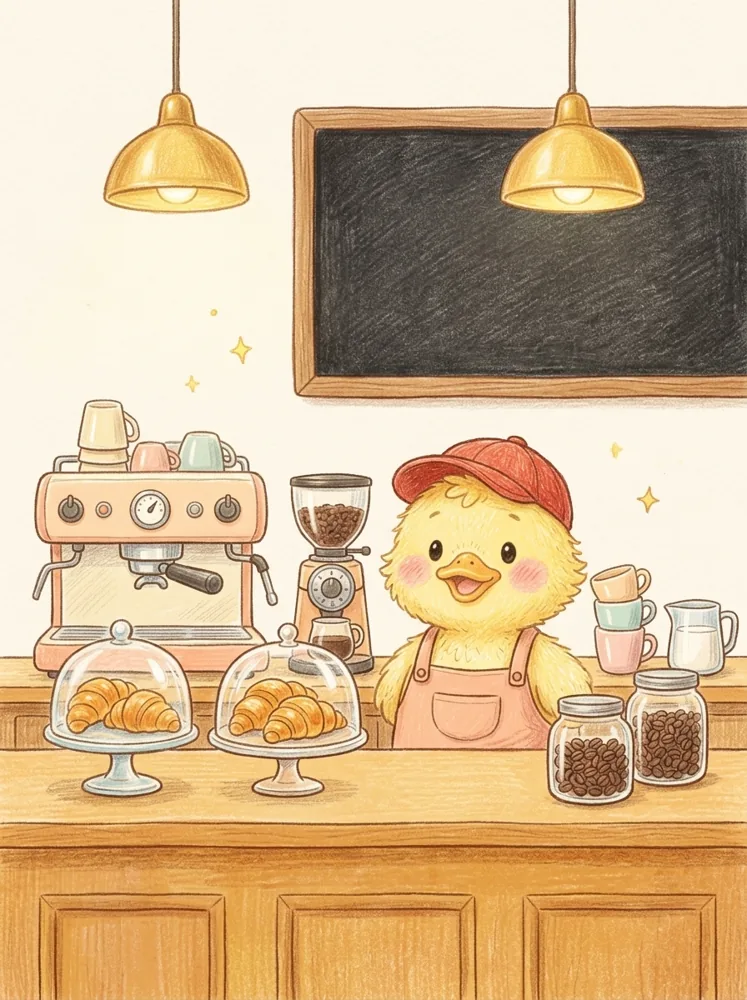 น้องเป๊ะ เป็ดบาริสต้าหมวกแดง ยืนยิ้มหลังเคาน์เตอร์ร้านกาแฟ